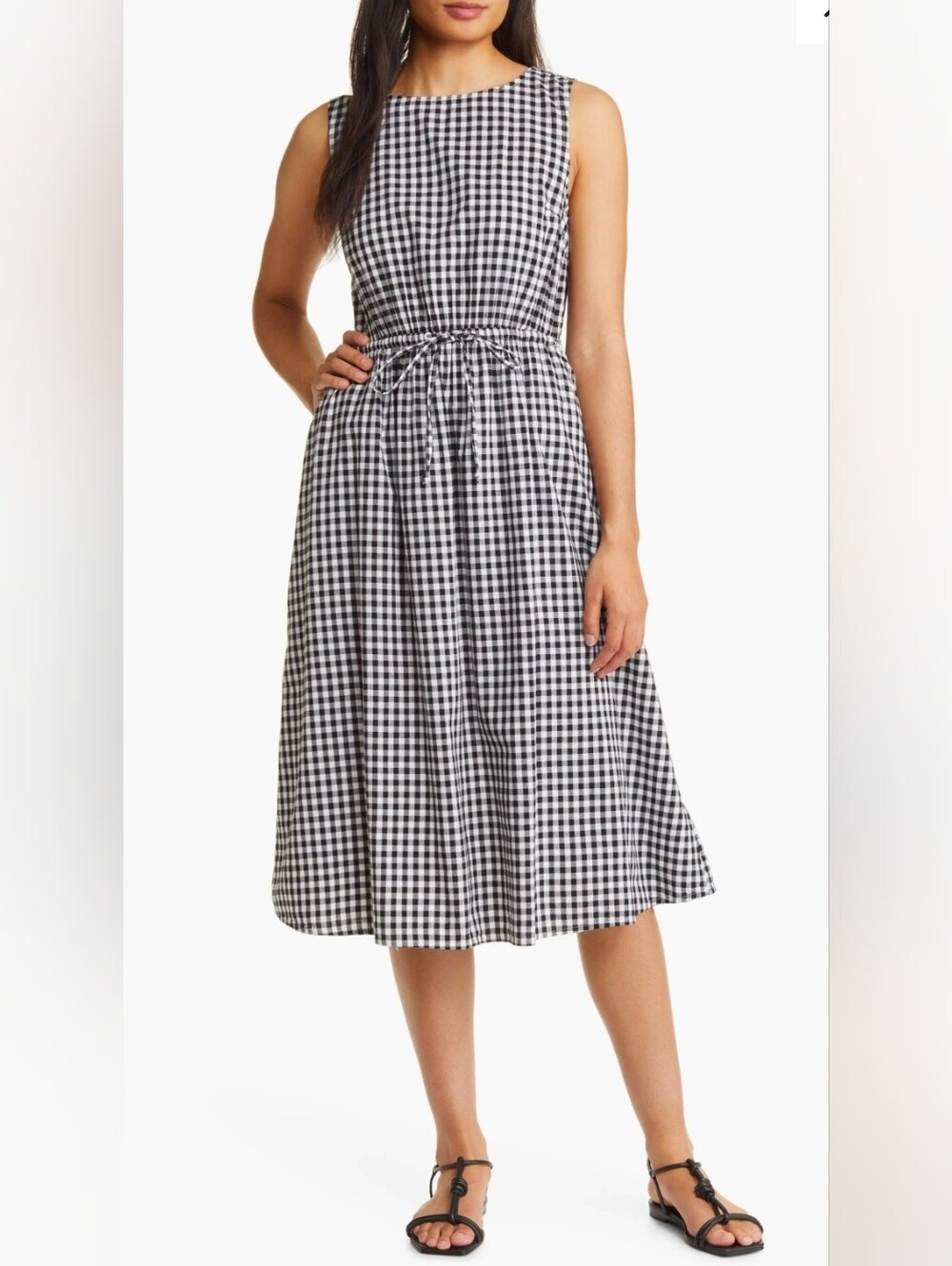 LOFT Black and White Gingham Tie-Waist Midi Dress Size LP